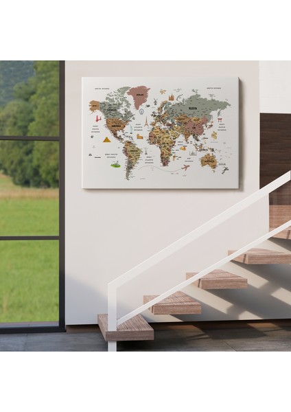 Türkçe Dünya Haritası Çok Detaylı Ünlü Yerler Sembollü Kanvas Tablo 1773 indirimleri