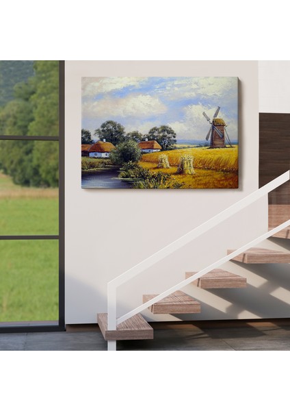 Buğday Tarlası ve Değirmen Yağlıboya Görünüm Dekoratif Kanvas Duvar TABLOSU-3556