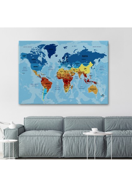 Türkçe Dünya Haritası Ülke Başkentli ve Okyanuslu Dekoratif Kanvas Tablo 2194 fiyatları