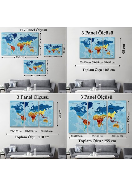 Türkçe Dünya Haritası Ülke Başkentli ve Okyanuslu Dekoratif Kanvas Tablo 2194