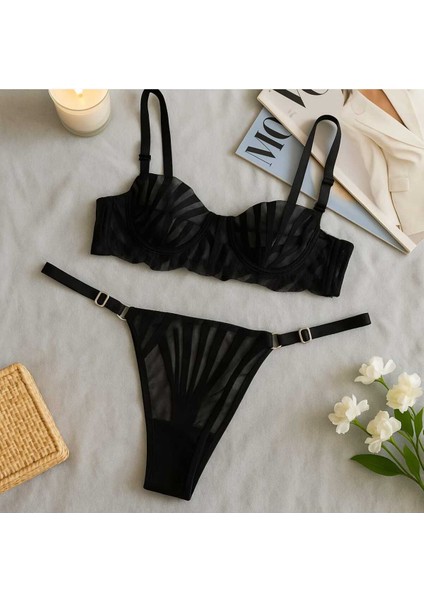 Şık Siyah Transparan Dantelli Sütyen ve Tanga Takımı fiyatları