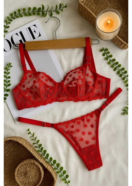 Kırmızı Kalp Desenli Şeffaf Dantel Sütyen Külot Takım fiyatları