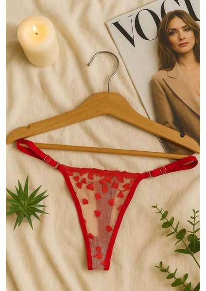 Kırmızı Kalp Desenli Şeffaf Dantel Sütyen Külot Takım modelleri