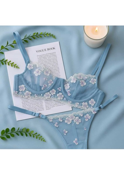 Mavi Çiçek Işlemeli Transparan Dantel Sütyen & String Takım fiyatları