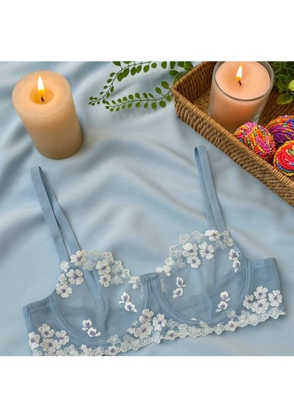 Mavi Çiçek Işlemeli Transparan Dantel Sütyen & String Takım modelleri