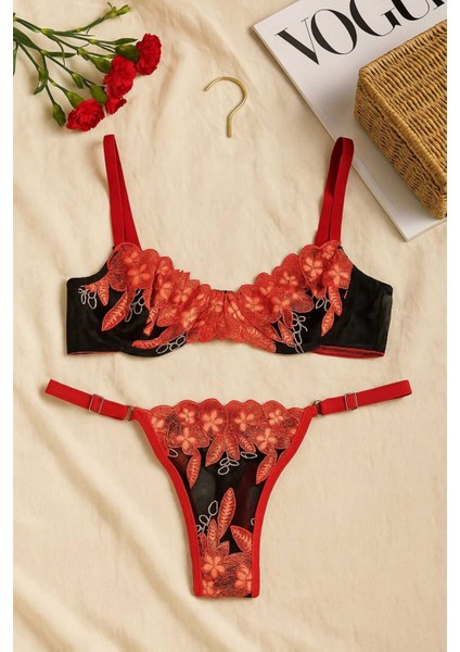 ❤️ Kırmızı Çiçek Işlemeli Transparan Dantel Sütyen Külot Takımı fiyatları