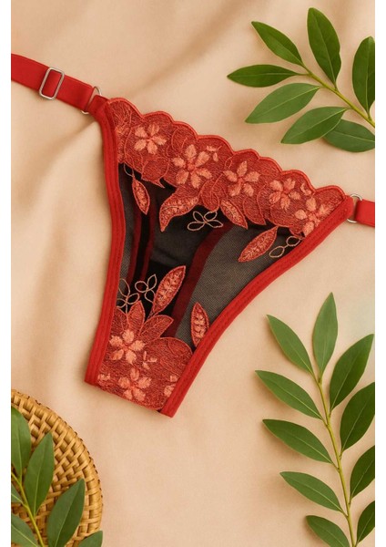 ❤️ Kırmızı Çiçek Işlemeli Transparan Dantel Sütyen Külot Takımı modelleri