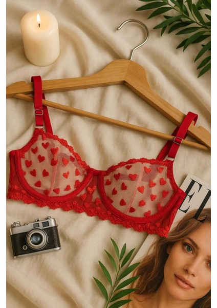 Kırmızı Kalp Desenli Şeffaf Dantel Sütyen Külot Takım fırsatları