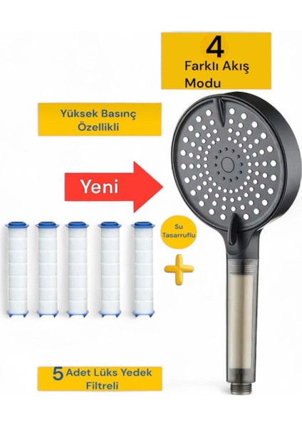 5 Adet Yedek Filtreli Su Tasarruflu Kireç Önleyici Özellikli Yüksek Basınçlı Duş Başlığı(su yumuşatıcı özelliğine sahip)