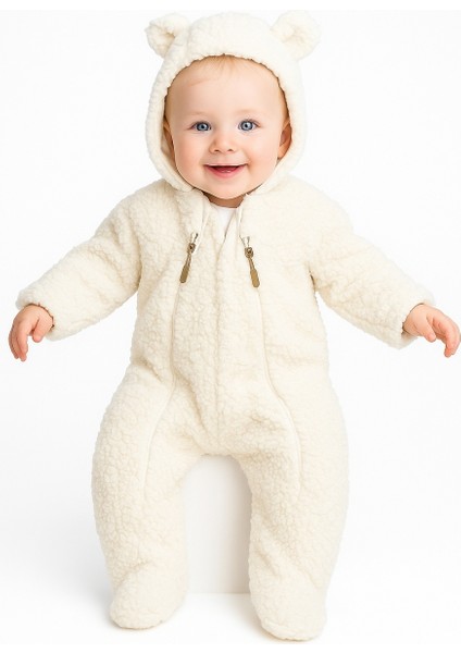 Kırık Beyaz Renkli Peluş Kulaklı Bebek Astronot Tulum 0-12 Ay