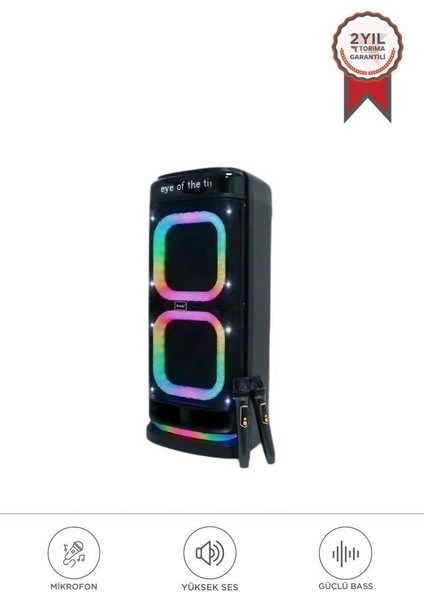 BTS-2121 Siyah Çift Mikrofonlu Rgb Ledli Taşınabilir Bluetooth Hoparlör Parti Speaker