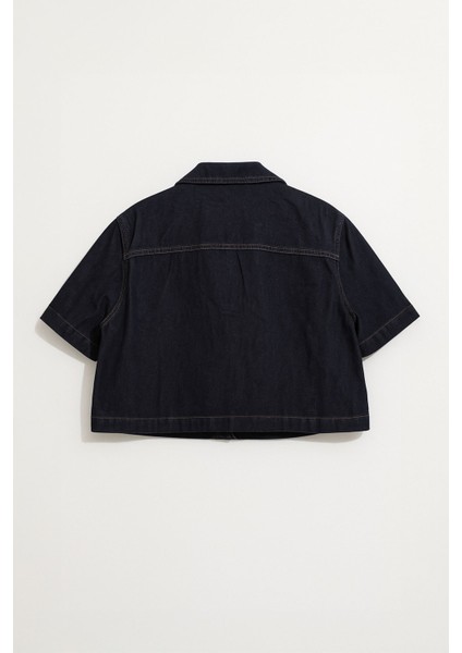 Kadın Regular Fit Cepli Lacivert Crop Jean Gömlek modelleri