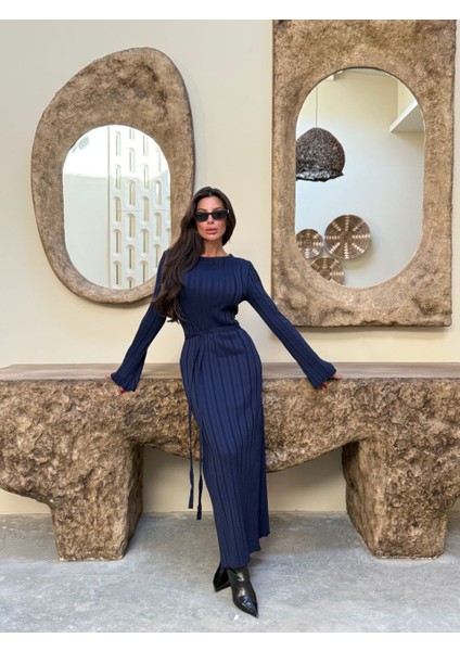 Bağlama Detaylı Dokulu Triko Kadın Elbise