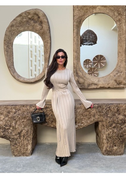 Bağlama Detaylı Dokulu Triko Kadın Elbise