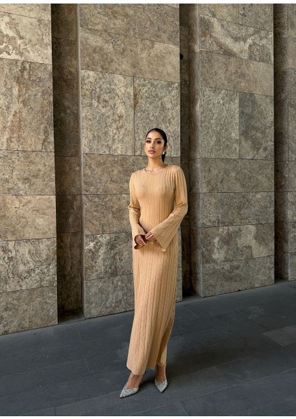 Bağlama Detaylı Dokulu Triko Kadın Elbise