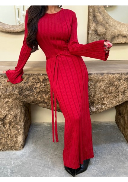 Bağlama Detaylı Dokulu Triko Kadın Elbise