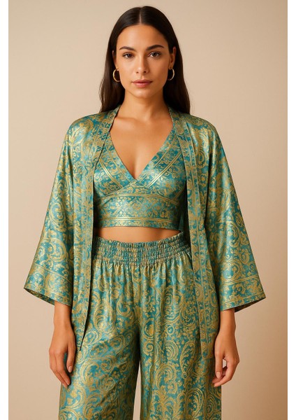 Işıltılı Yaldızlı Ipek 3’lü Takım – Kimono + Palazzo Pantolon + Bağlamalı Büstiyer (36-48)