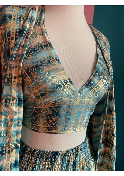 Işıltılı Yaldızlı Ipek 3’lü Takım – Kimono + Palazzo Pantolon + Bağlamalı Büstiyer (36-48) modelleri