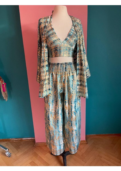 Işıltılı Yaldızlı Ipek 3’lü Takım – Kimono + Palazzo Pantolon + Bağlamalı Büstiyer (36-48)