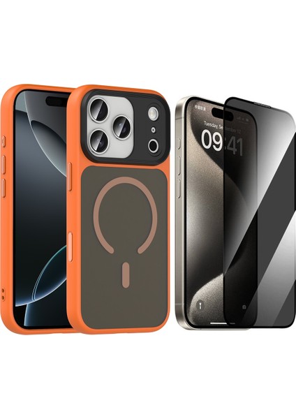 iPhone 17 Pro Kılıf Mat Arka Yüzey Wireless Şarj Özellikli Zore Sio M-Safe Kapak + Hayalet Ekran Koruyucu