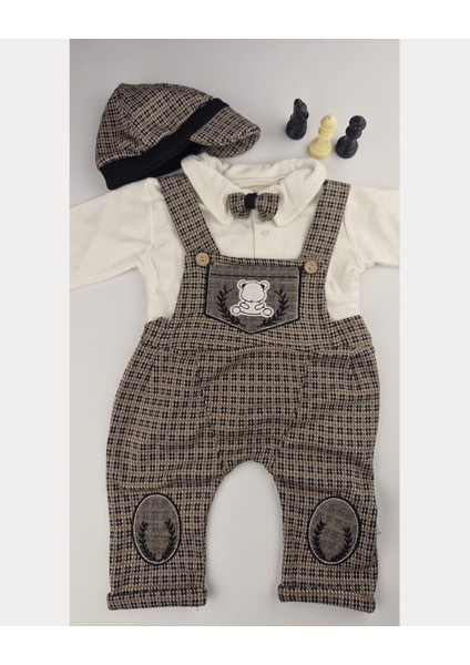 Erkek Bebek Şık Tulum Takımı Papyonlu Body ve Kasket Şapka 0-12 Ay