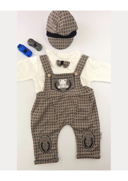 Erkek Bebek Şık Tulum Takımı Papyonlu Body ve Kasket Şapka 0-12 Ay
