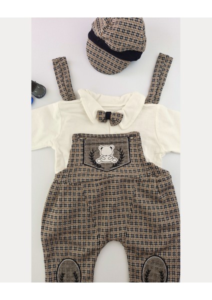 Erkek Bebek Şık Tulum Takımı Papyonlu Body ve Kasket Şapka 0-12 Ay