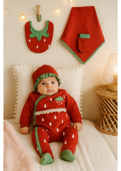 Kız Bebek 0-3 Ay Çilekli Nakışlı Tulum 5 Li Set