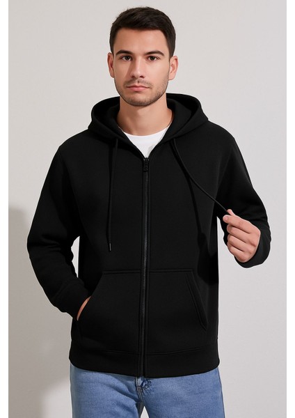 Unisex Siyah Standart Fit Normal Kesim Içi Polarli 2 Iplik Kapüsonlu Fermuarli Sweatshirt Ceket modelleri