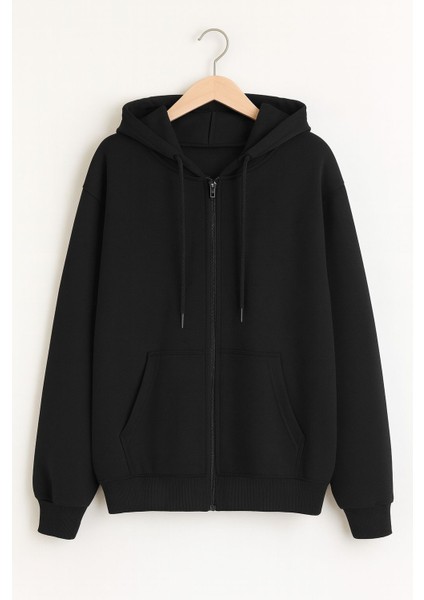 Unisex Siyah Standart Fit Normal Kesim Içi Polarli 2 Iplik Kapüsonlu Fermuarli Sweatshirt Ceket
