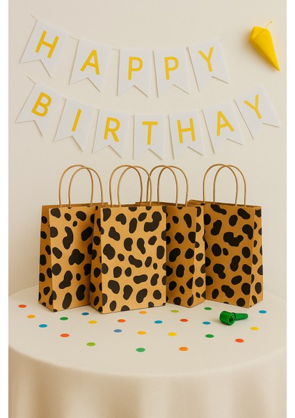 25 Adet Siyah Leopar Desenli 18*8*24 Kraft Çanta