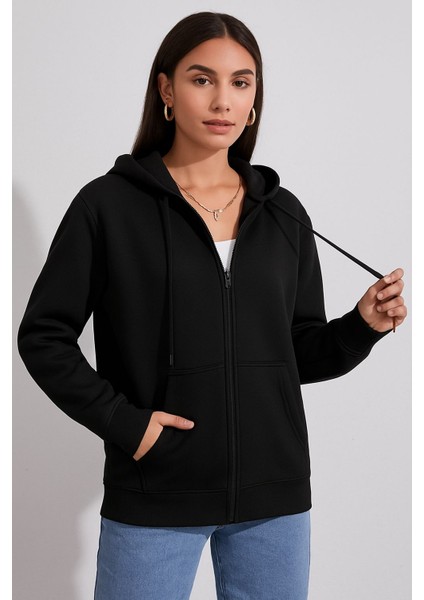 Unisex Siyah Standart Fit Normal Kesim Içi Polarli 2 Iplik Kapüsonlu Fermuarli Sweatshirt Ceket modelleri