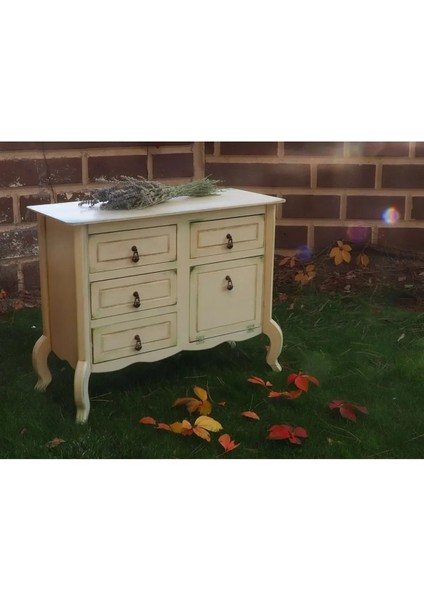 Krem Eskitme 5 Çekmeceli Vintage Komodin modelleri