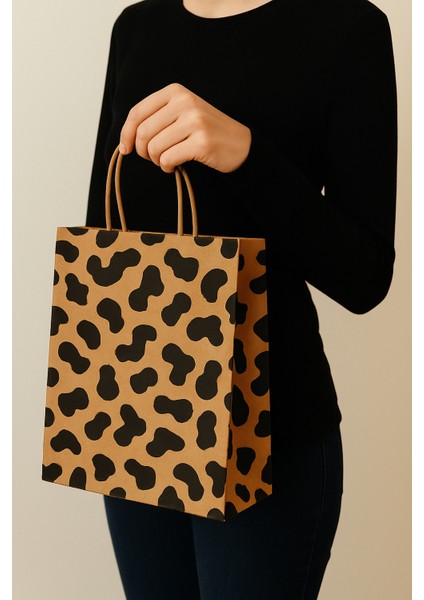 25 Adet Siyah Leopar Desenli 18*8*24 Kraft Çanta fiyatları