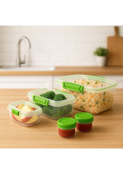 82003 Saklama Kabı Seti – 3 Parça Hava Geçirmez Saklama Kutusu ve 2 Parça sos kutusu, Bpa’sız Plastik, Yeşil Klipsli, Bulaşık Makinesi ve Mikrodalga Uyumlu