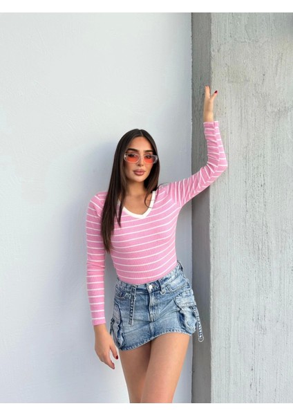 V Yaka Çizgili Bluz Pembe A3699 modelleri