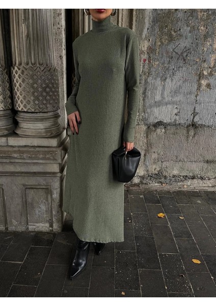 Boğazlı Kalın Bürümcük Uzun Elbise Yeşil modelleri