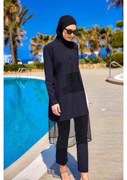 Siyah Tam Kapalı Mayo – Tül Detaylı, Cepli, Su Tahliyeli, 4 Parça Takım M2508-1 fiyatları