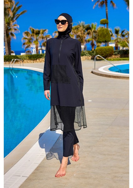 Siyah Tam Kapalı Mayo – Tül Detaylı, Cepli, Su Tahliyeli, 4 Parça Takım M2508-1 modelleri