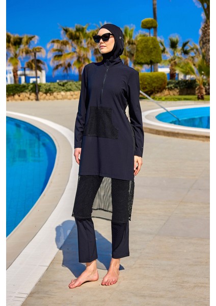 Siyah Tam Kapalı Mayo – Tül Detaylı, Cepli, Su Tahliyeli, 4 Parça Takım M2508-1 fırsatları