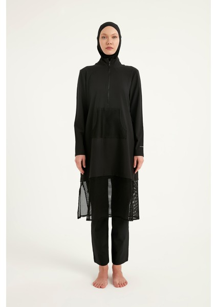 Siyah Tam Kapalı Mayo – Tül Detaylı, Cepli, Su Tahliyeli, 4 Parça Takım M2508-1 indirimleri