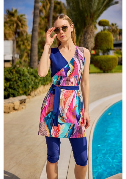 Siyah Yarı Kapalı Mayo Kuşak Detayı, Su Itici Kumaş, UPF50+ Koruma H2504