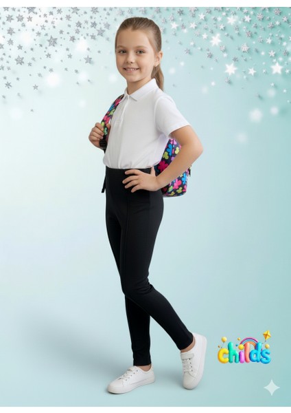 Çelik Interlok Siyah Pamuklu Likralı Kız Çocuk Nervür Dikişli Okul Için Pantolon Tayt