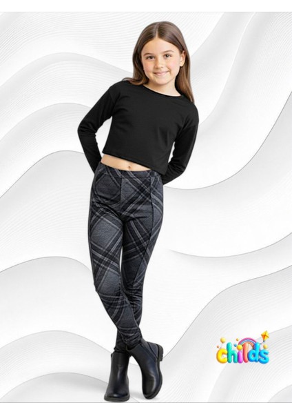 Ekoseli Gri Çelik Interlok Orta Kalın Pamuklu Likralı Kız Çocuk Nervür Dikişli Pantolon Tayt