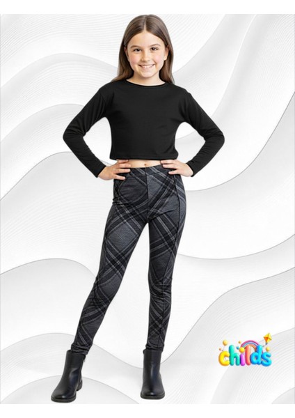Ekoseli Gri Çelik Interlok Orta Kalın Pamuklu Likralı Kız Çocuk Nervür Dikişli Pantolon Tayt modelleri