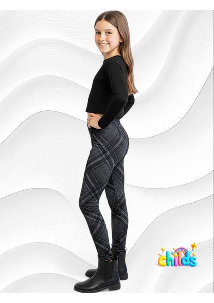 Ekoseli Gri Çelik Interlok Orta Kalın Pamuklu Likralı Kız Çocuk Nervür Dikişli Pantolon Tayt fırsatları