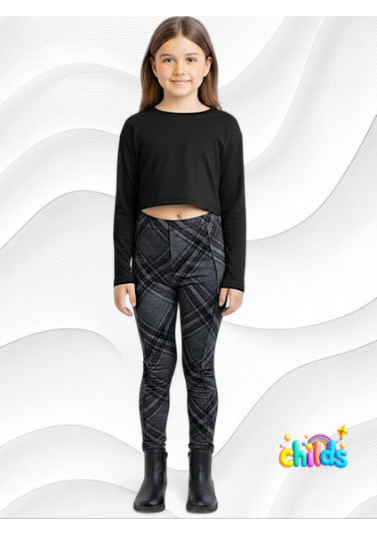 Ekoseli Gri Çelik Interlok Orta Kalın Pamuklu Likralı Kız Çocuk Nervür Dikişli Pantolon Tayt indirimleri