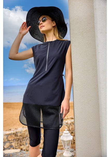 Siyah Yarı Kapalı Mayo Fermuar Detayı, Belden Stoper, UPF50+ Koruma H2507-1