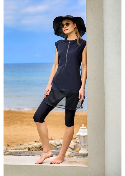 Siyah Yarı Kapalı Mayo Fermuar Detayı, Belden Stoper, UPF50+ Koruma H2507-1 modelleri