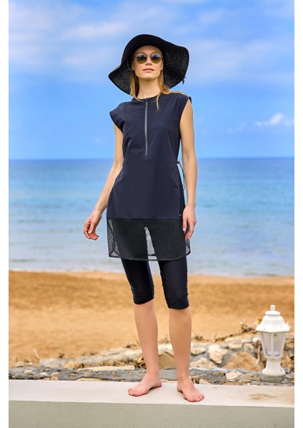 Siyah Yarı Kapalı Mayo Fermuar Detayı, Belden Stoper, UPF50+ Koruma H2507-1 fırsatları